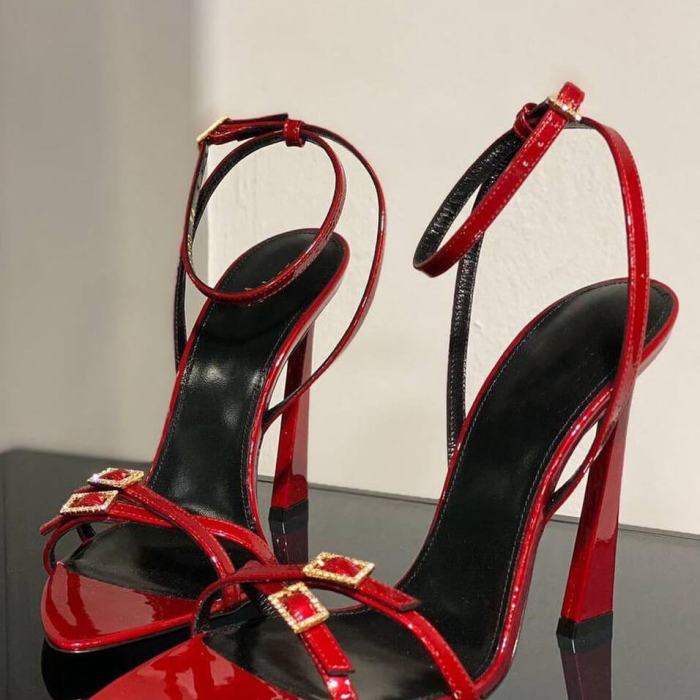 Open-Toe Rhinestone Buckle High Heels